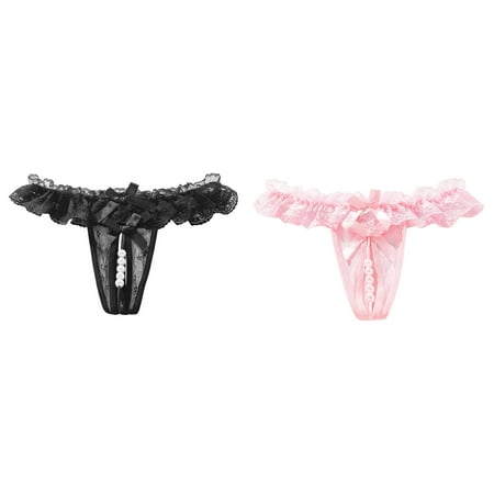 (2-Pack) Kcodviy Womens Lace Open Crotch Womens Trunks Underwear Thong Massage Pearl Transparent Underwear for Women Cotton Thong Panties