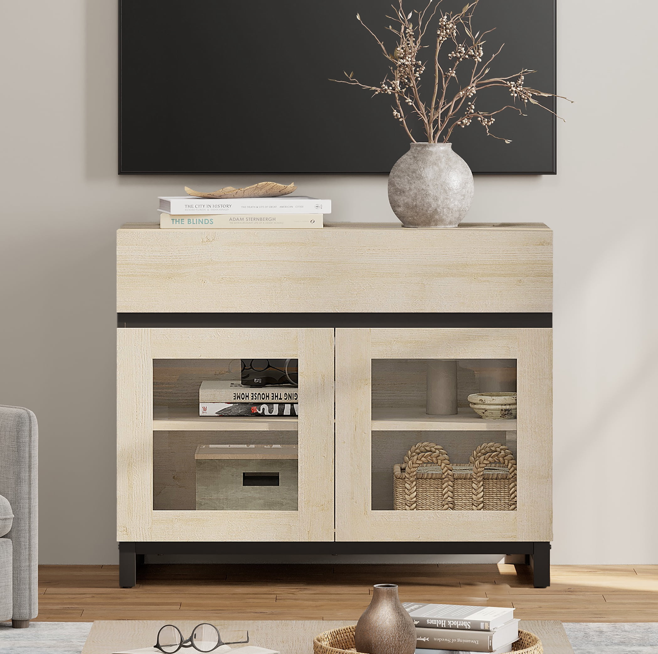 WAMPAT Modern TV Stand with Glass Door & 1 Drawer, Metal Base Entertainment Console for 32-40 Inch TVs, Media Console for Living Room & Bedroom