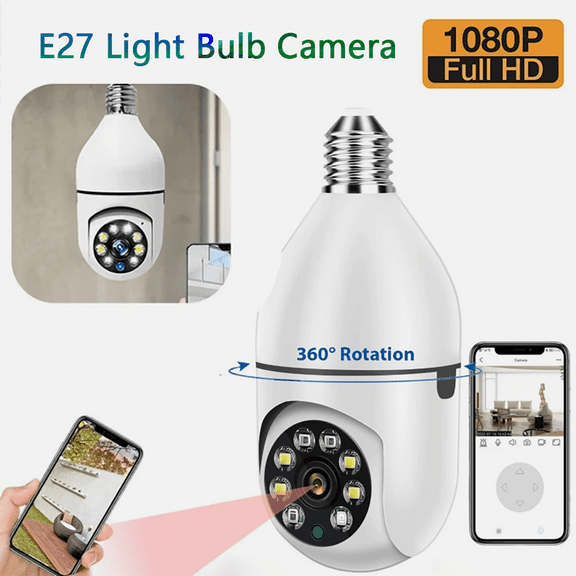 1080P Light Bulb Security Camera, 2.4GHz Wi-Fi Indoor Camera, E27 bulb base Wireless Cam with IR Night Vision.