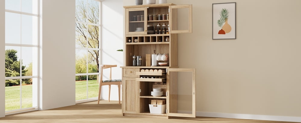 Farmhouse Freestanding Buffet with Hutch, Tall Kitchen Pantry Storage Cabinet with Wine Rack, Adjustable Shelves and Tempered Glass Doors for Dining Room