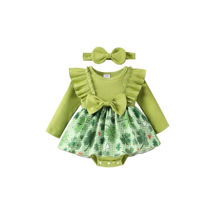 

Arvbitana Infant Girls Romper Dress Baby Girl Long Sleeve Shamrock Print Layered Skirt Hem Bodysuit with Headband 3M 6M 9M 12M 18M Newborn Cute Ireland Festival Clothes