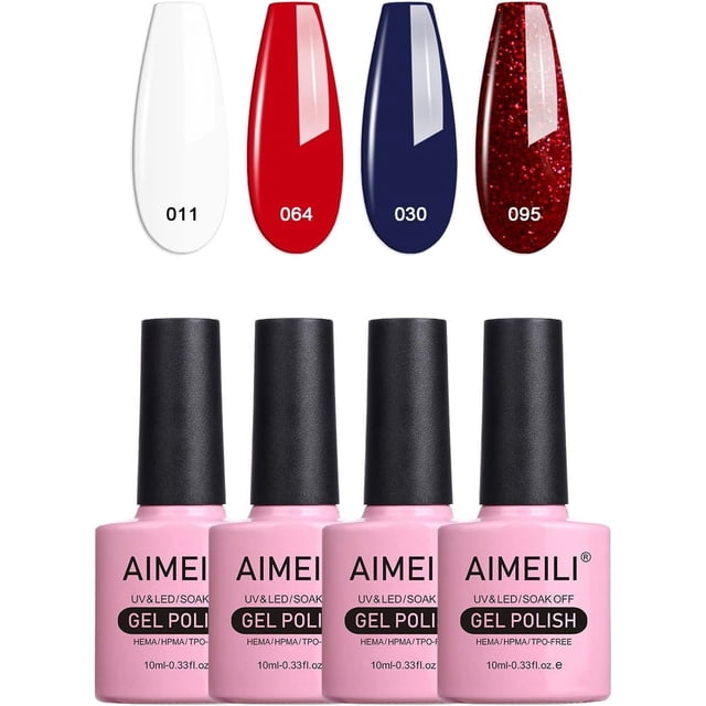 AIMEILI Esmalte de uñas en gel rojo, blanco, azul marino, colores, esmalte en gel, lámpara de uñas, gel de uñas curado para el kit de manicura del 4 de julio, juego 33