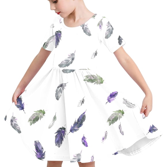 Odeerbi Niñas Verano A-Línea Vestido Pluma Impresión Swing Vestido Niños Manga Corta Vestido Elástico