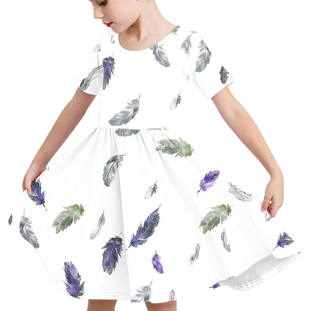 Odeerbi Niñas Verano A-Línea Vestido Pluma Impresión Swing Vestido Niños Manga Corta Vestido Elástico