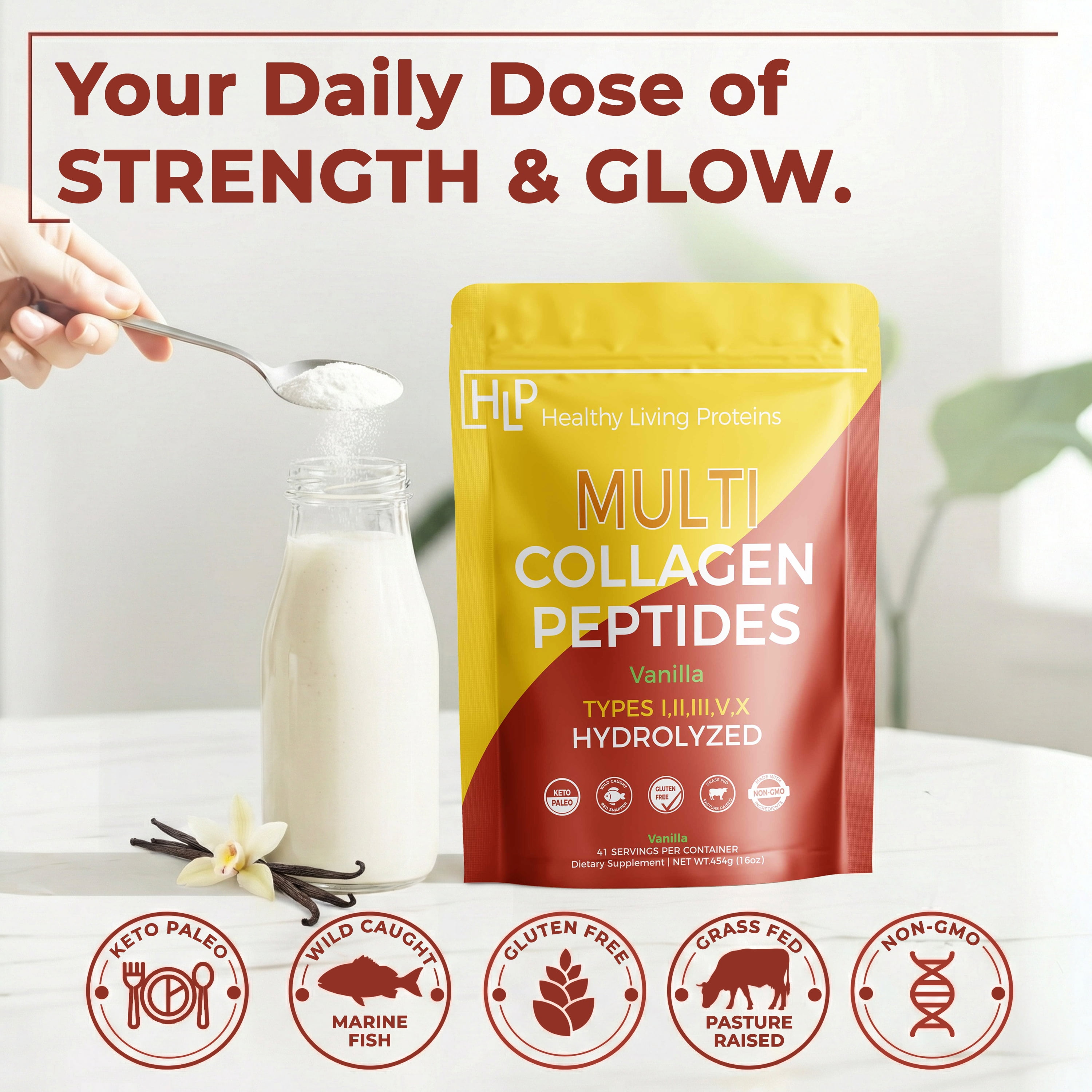 Healthy Living Proteins Multi Collagen Peptides Powder, Vanilla, 1lb