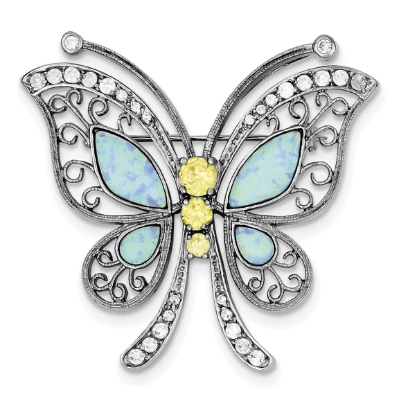 Sterling Silver Rhodium-plated Created Opal with Yellow and Clear Cubic Zirconia Butter