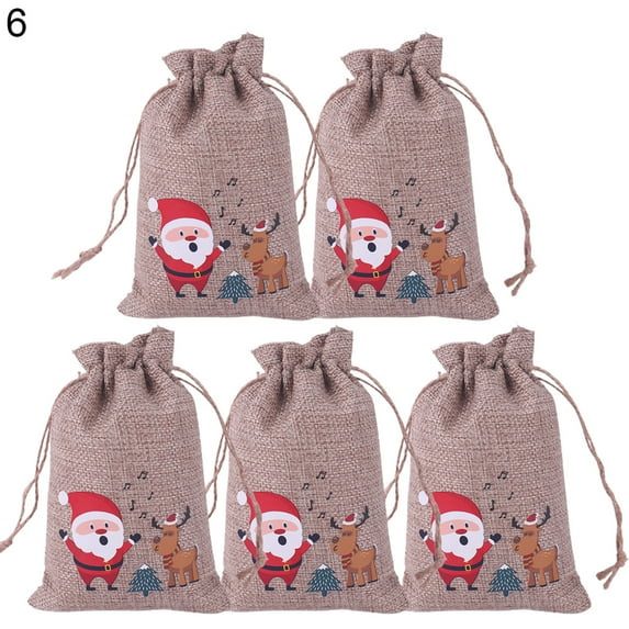 5Pcs/Set Goodies Bag Drawstring Dust Proof Imitation Linen Tiny Jute Burlap Christmas Themed Printed Candy Pouch Party Supplies