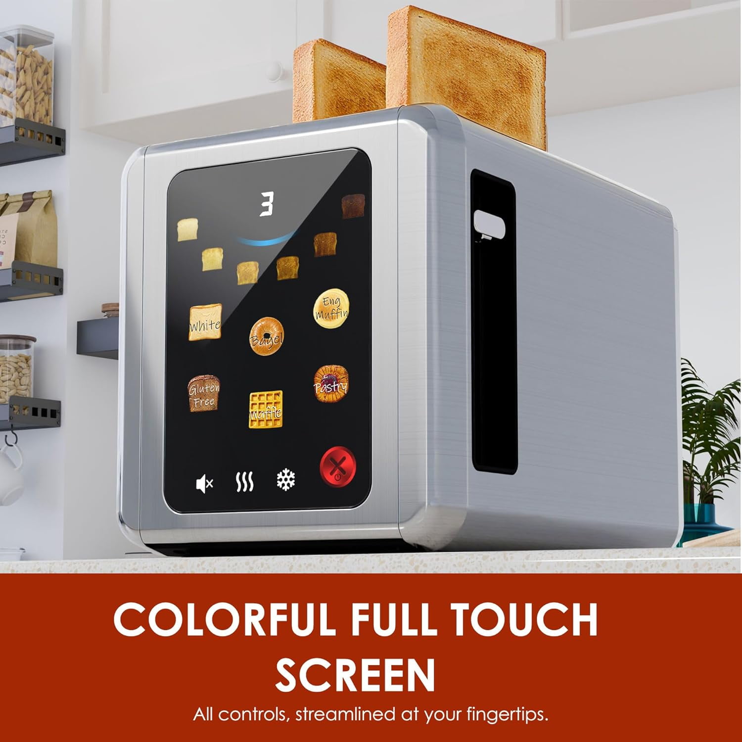 WHALL Touch Screen Toaster 2 Slice, 1.5'' Extra Wide Slot Stainless Steel Toaster with Digital Timer, 6 Bread Types & 6 Shade Settings, Crumb Tray, Reheat/Defrost, Smart Toasters for Breads