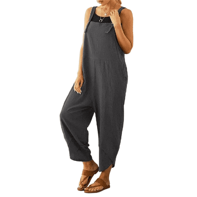 goowrom Women Loose Jumpsuits, Sleeveless Solid Color Bib Pants with Pockets