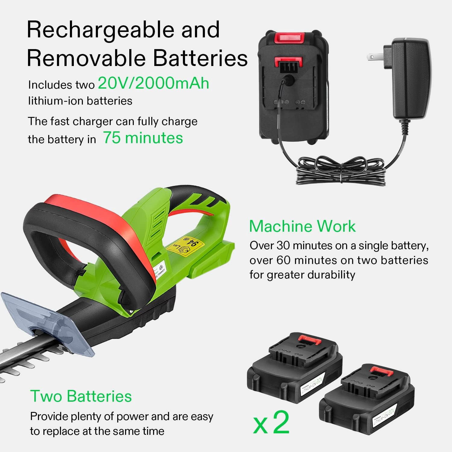 20 Inch Cordless Hedge Trimmer with Dual-Action Blade and 2 Batteries for Garden Shrub Pruning