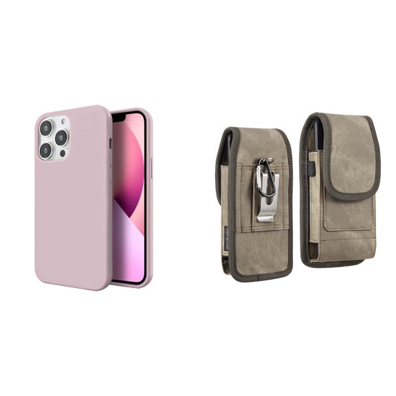 Slim Silicone Case and Belt Holster Pouch for iPhone 14 Pro Max (Pink/Brown)