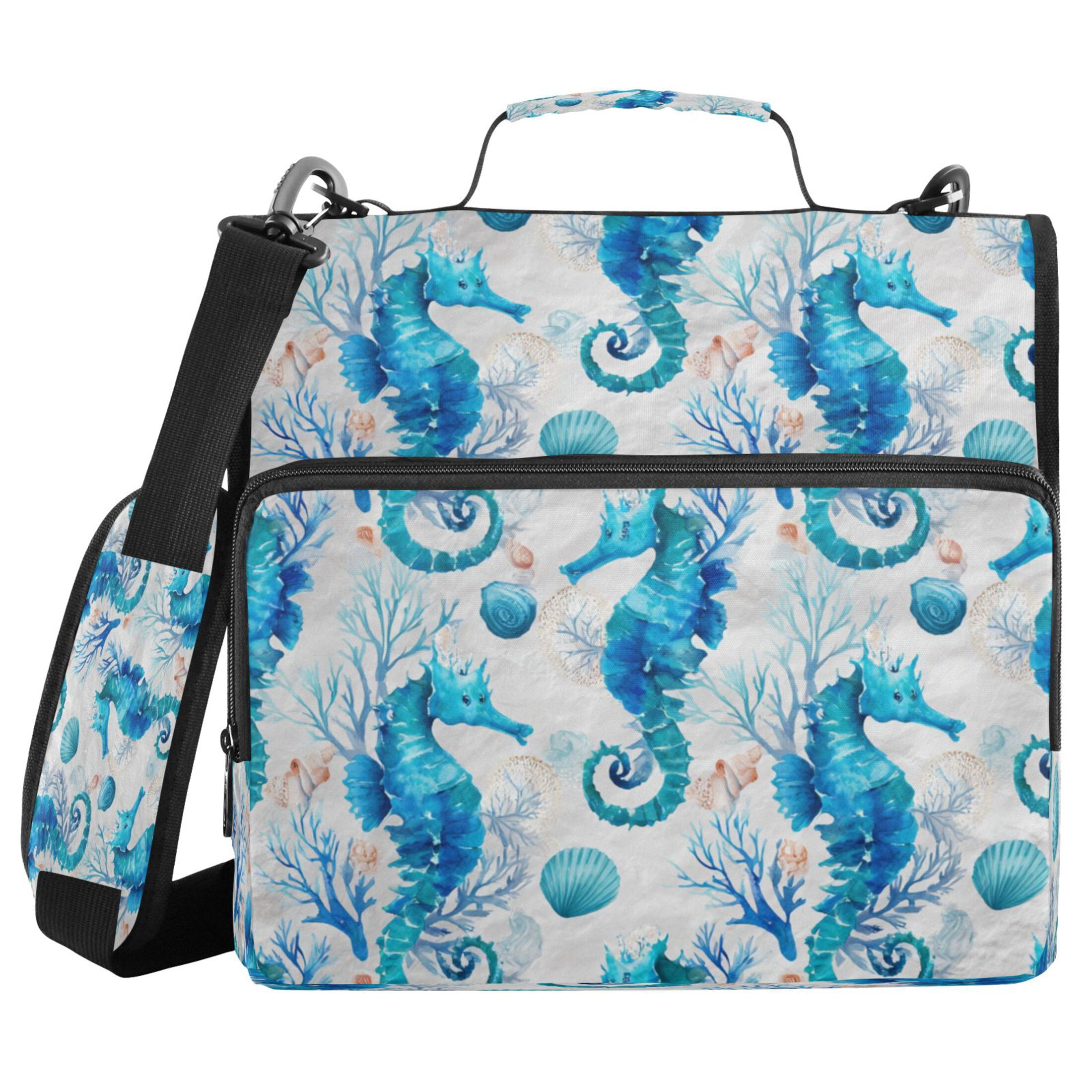 3 Ring Zipper Binder Stationery Organizer for Study Work Home Travel, All-Purpose File Folder Storage Bag for Daily Document Organization Watercolor Blue Seahorse Pattern