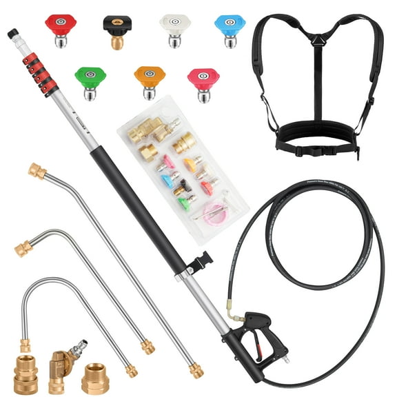 24 FT Gutter Cleaning Tools from The Ground - Telescoping Pressure Washer Wand - Gutter Cleaner Attachment with Power Washer Extension Wands, 7 Spray Nozzle Tips, 2 Hose Adapters and Support Belt