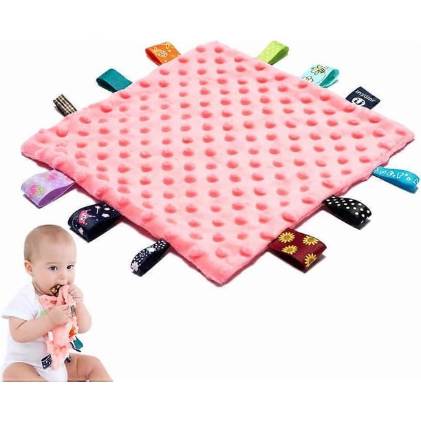 Baby Tags Security Blankets - Baby Soothing Plush Blanket With Colorful Tags, 10"X10" Square Sensory Toys-Pink