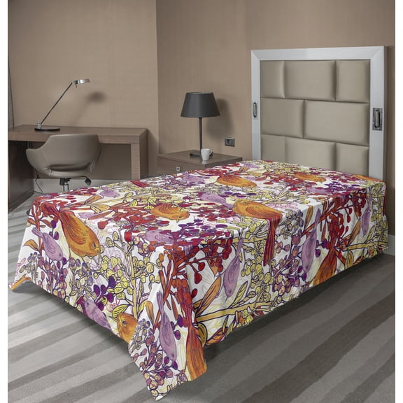 Ambesonne Birds and Nature Flat Bedding Sheet Soft Top Sheet, Art Floral Scene, Twin XL, Burnt Sienna Dark Pink