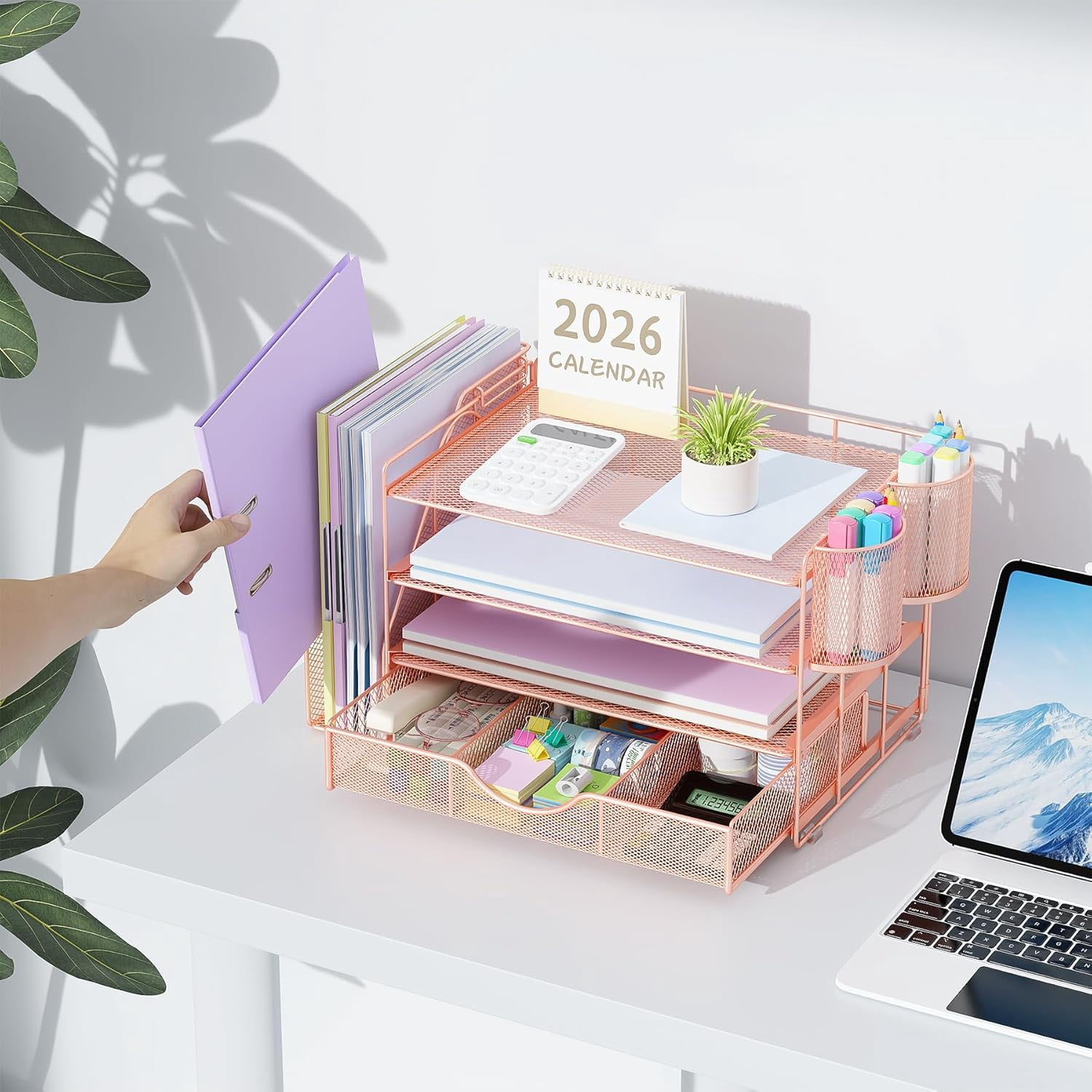 Desk Organizers and Accessories with File Holder, 4-Tier Desk Accessories & Workspace Organizers with Drawer and 2 Pen Holder, Paper Organizer for Office Supplies (Purple)