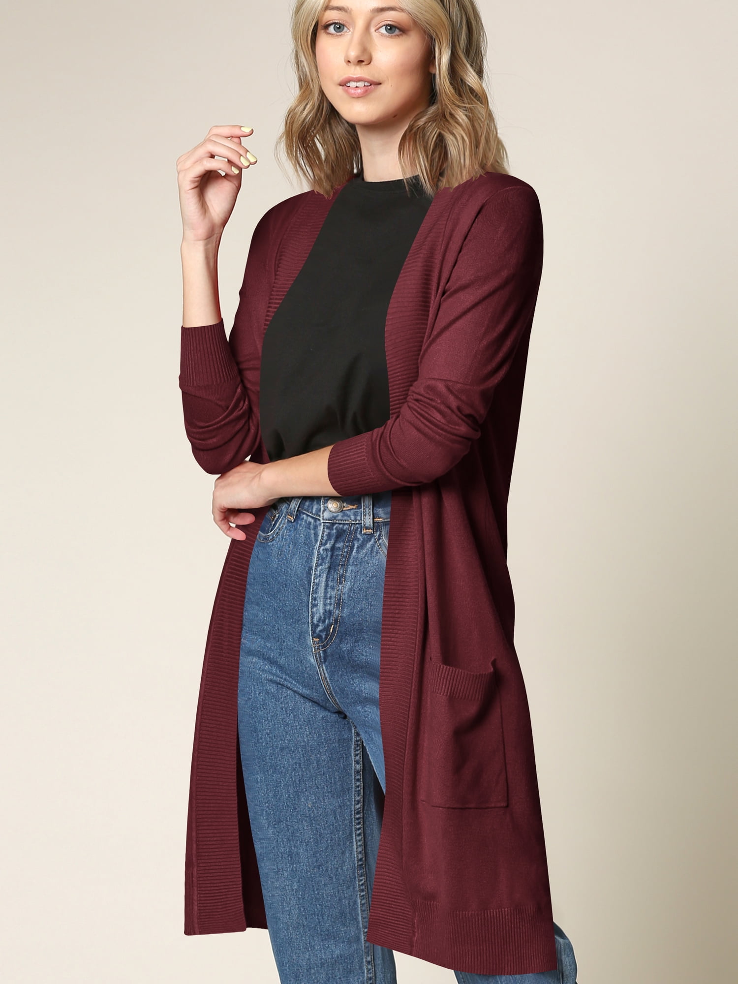 Made by Johnny Women s Essential Long Sleeve Solid Open Front Long Knited Cardigan Sweater with Pocket for Women M BURGUNDY