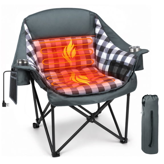 DKMOCO Oversized Folding Heated Camping Chairs for Adults with 3 Heat Levels 2 Heating Zones and Padded High Back for Outdoor Sports Lawn Camping Black Gray