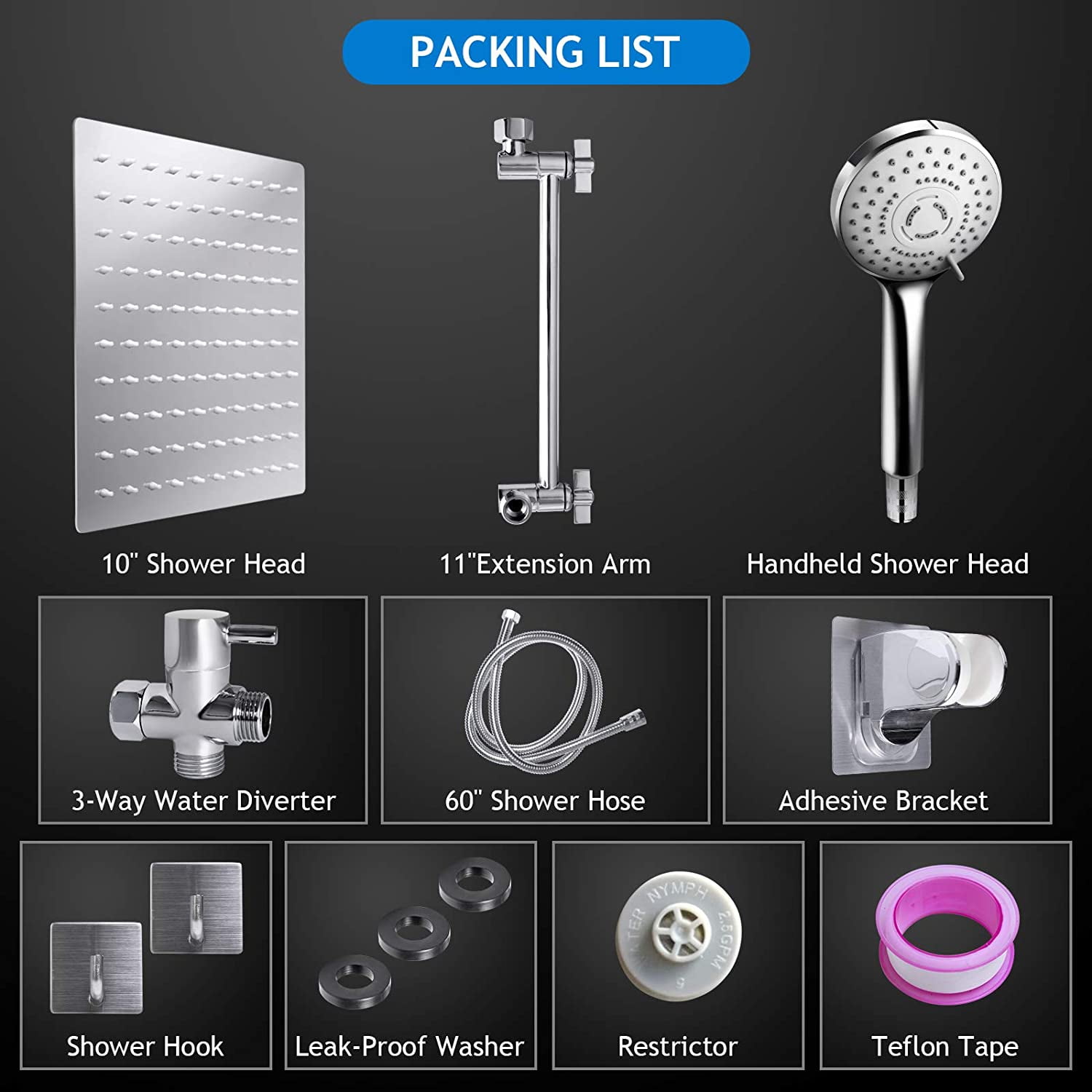 KINGTACK 12 Inch Rain Shower Head, High Pressure Shower Heads with 5 Spray Filtered Shower Head, Chrome