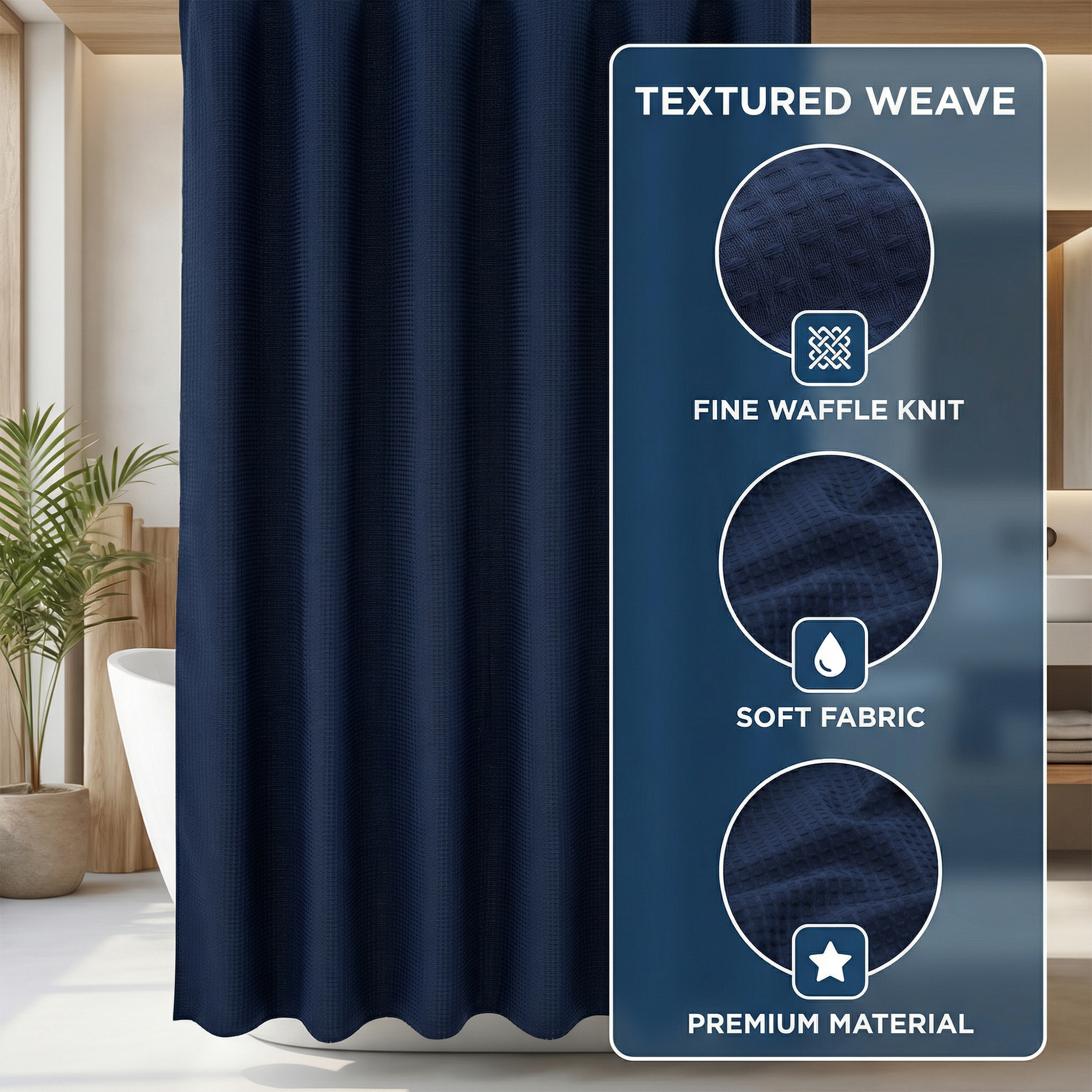 Unique Bargains Modern Waffle Weave Shower Curtain with 12 Hooks Indigo 71"W x 71"L