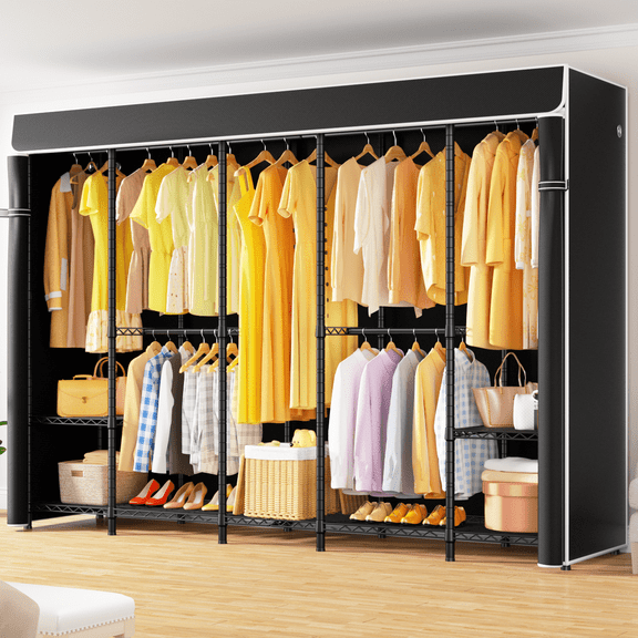 H50C Extra Large Clothes Rack with Cover, Freestanding Portable Closet, Covered Clothing Racks for Hanging Clothes, Heavy Duty Garment Rack, Wardrobe Closet with Black Cover Max Load 1350 Lbs