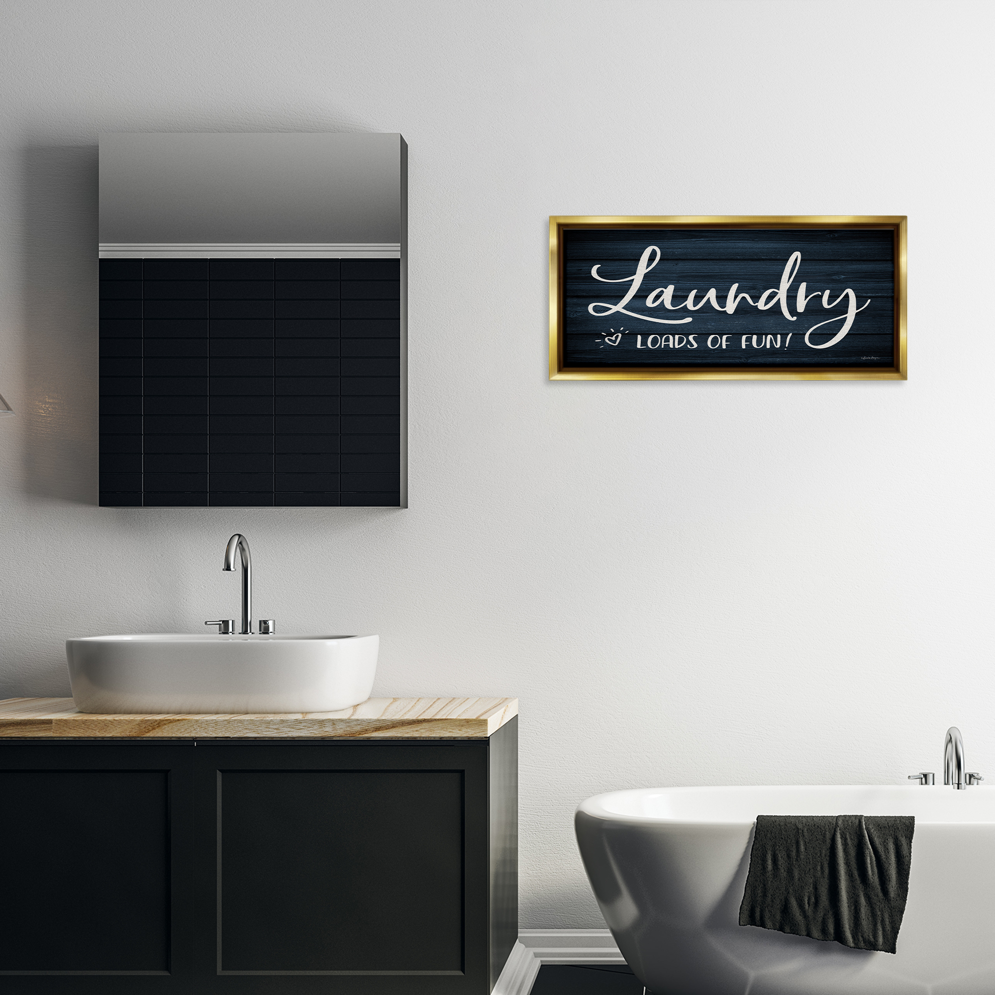 Stupell Industries Loads of Fun Laundry Typography Painting Gold Floater Framed Art Print Wall Art, 31 x 14