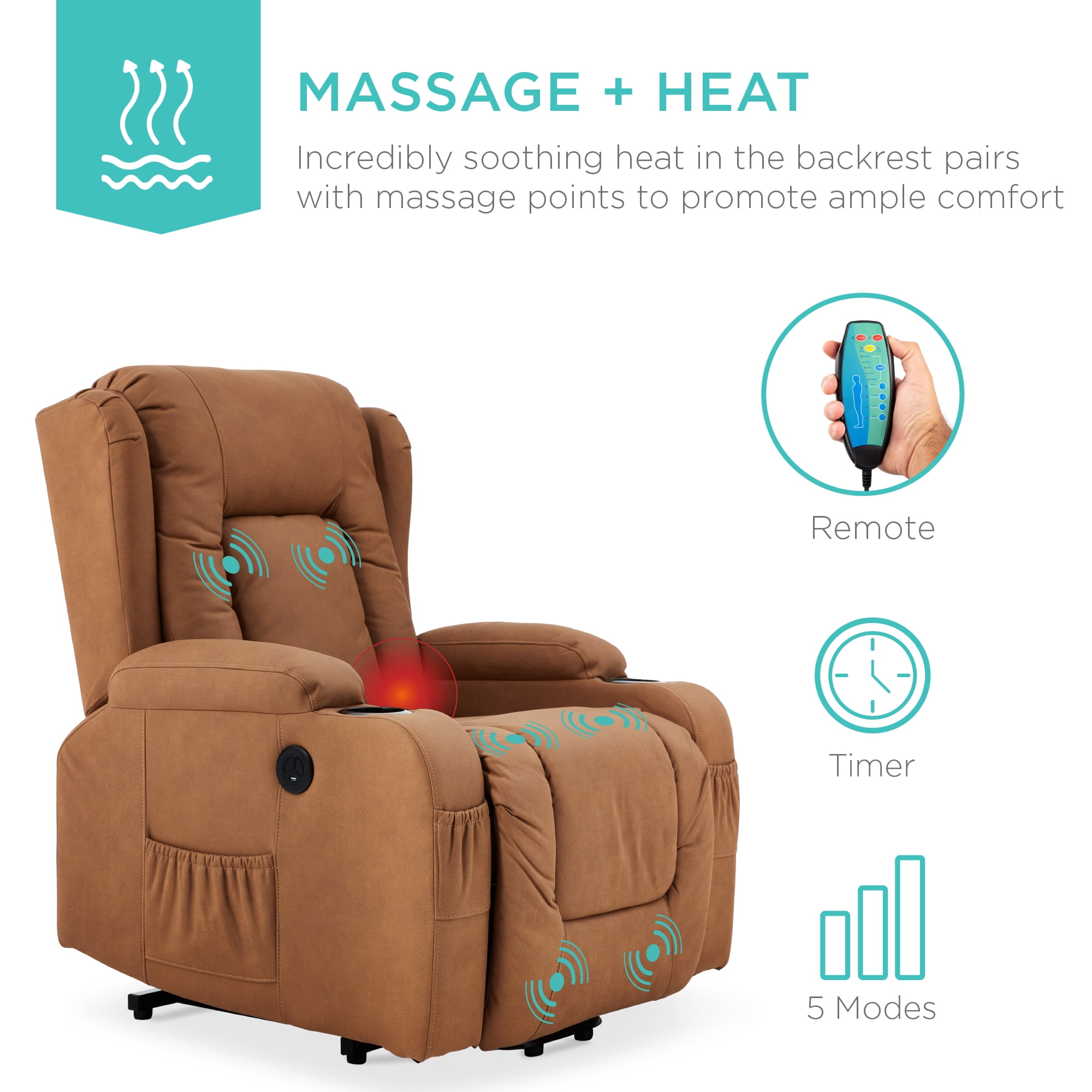Best Choice Products Electric Power Lift Recliner Massage Chair Furniture w/ USB Port, Heat, Cupholders - Cognac
