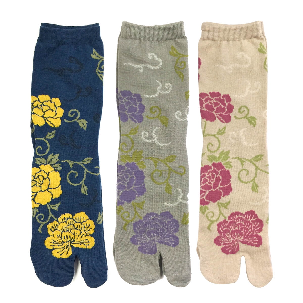 Wrapables® Tabi Flip-Flop Socks (Set of 3), Rose & Peony, Dark Blue, Gray, Beige