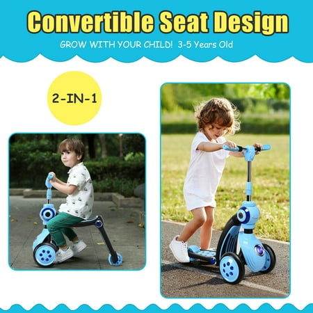 Costway Trottinette 3 Roues Enfant Scooter 2 En 1 Avec Roue Arriere Led Siege Confortable Hauteur Reglable 64 73cm Pour 3 5 Ans Bleu Walmart Canada