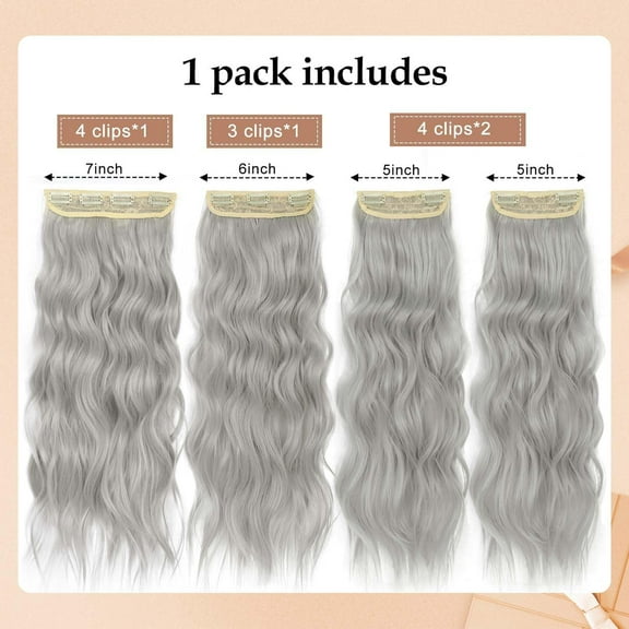 FGERFE-24 Inch Silver Gray Hair Extensions Clip ins for Women, Long Wavy Curly Clip on Hair Extensions, 4PCS Soft Natural Look Clip in Hair Extension for Women(60#, 24INCH)