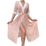 Tranfacy Robes for Women,Silk Robes for Women,Long Sleeve Lace Homewear Long Robe Sleepwear Solid Color Nightgown for Women