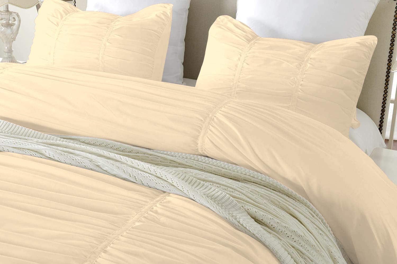 DNG Creations 3 Piece Ruched Pattern Duvet Cover 100% Egyptian Cotton, 800 TC- With Zipper Closure & Corner Ties ( Solid Ivory - California King )