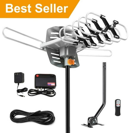 HDTV Antenna Digital Amplified Outdoor Antenna with Mounting Pole-150 Miles Range 360 Degree Rotation Wireless Remote Support 2 TVs.UHF/VHF 4K 1080P Channels Reception, 33ft