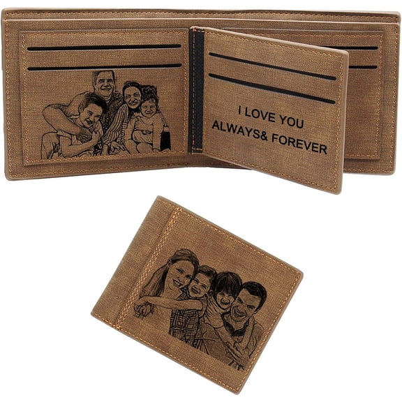Men's Custom Two Photo Wallet - Personalized Engraved Leather Gift for Him, Husband, Boyfriend - Father's Day, Birthday Present