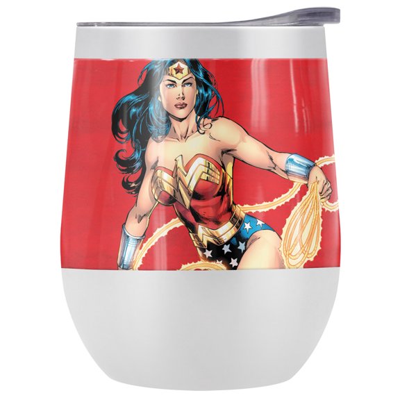 Wonder Woman Official Character 12 OZ Stemless Wine Tumbler, Stainless Steel Travel Cup|Lake Tumbler|Insulated with Leak Resistant Slide-Lock Lid, White