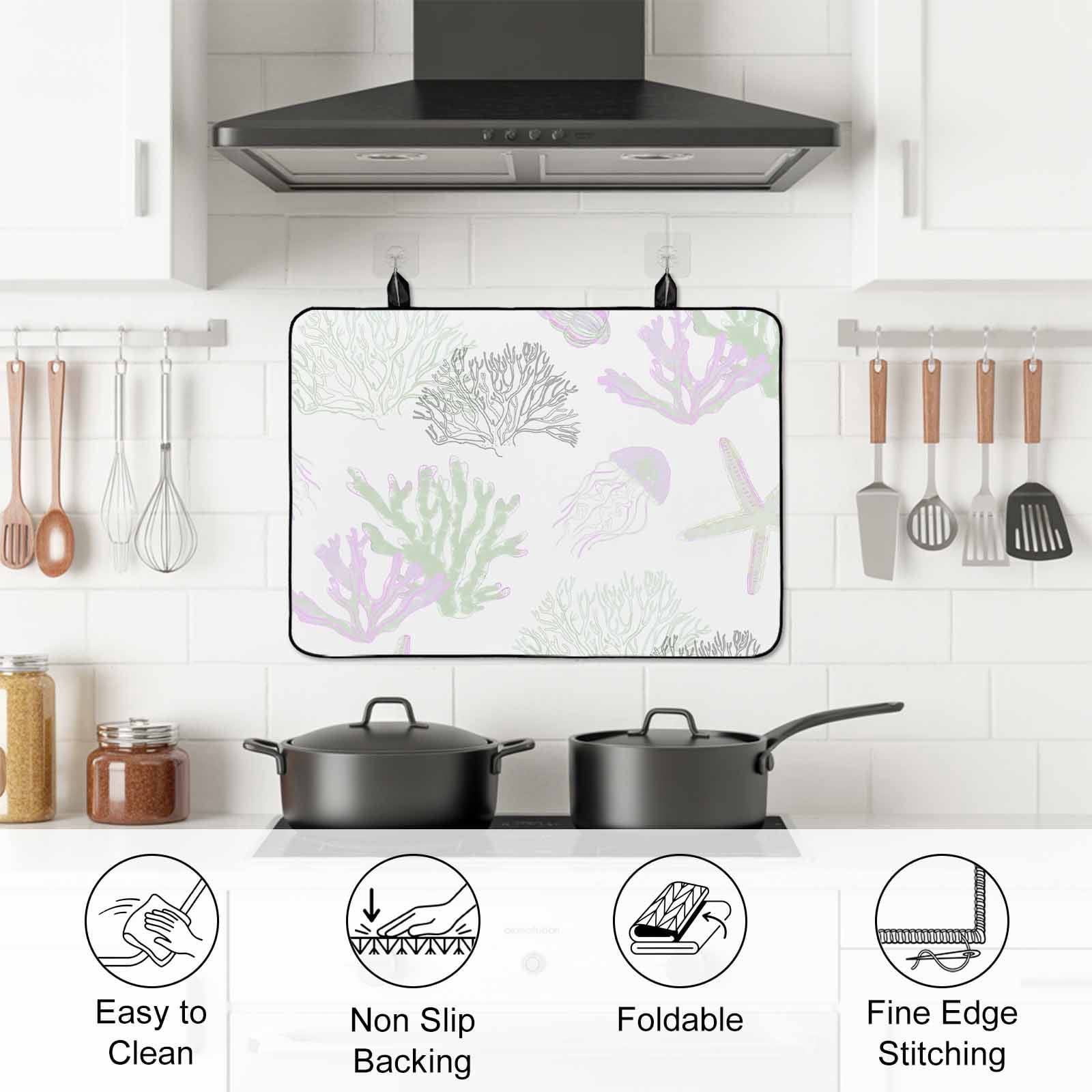 Sage Green Purple Coral Coastal Stove Top Cover for Electric Stove, Heat-proof & Non Slip Glass Top Stove Cover Protector, Nautical Starfish Beach Kitchen Flat Cooktop Rubber Mat 31x24 Inches
