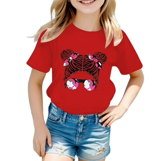 LUOGENLI T-Shirt pour Filles Enfant Filles Mignon Imprimé Graphique Col Rond Manche Courte Tee Été Décontracté Chemise Hauts Maxi Chemises pour Filles 2025 Ajusté Rouge 11-12 Ans