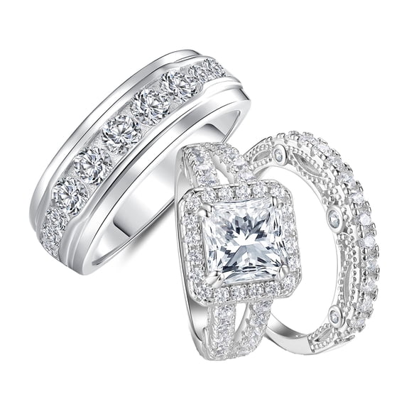 SFTING Wedding Ring Sets for His and Hers Engagaement Ring Set 3pcs Wedding Couple Rings Silver 18K Plated Women Mens Band 5A CZ Size 9&7