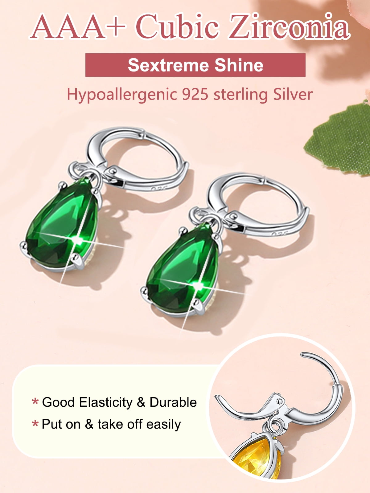 FOCALOOK Birthstone Dangle Hoop Earrings for Women Sterling Silver Teardrop Cubic Zirconia May Green Emerald Leverback Huggie Drop Earrings Birthday Mothers Day Jewelry Gift