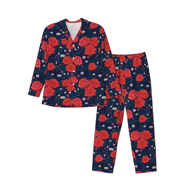 Balery Rose Flower Pijama para Hombre de Dos Piezas con Manga Larga, Conjunto de Dormir y Descanso Suave con Bolsillos-Large