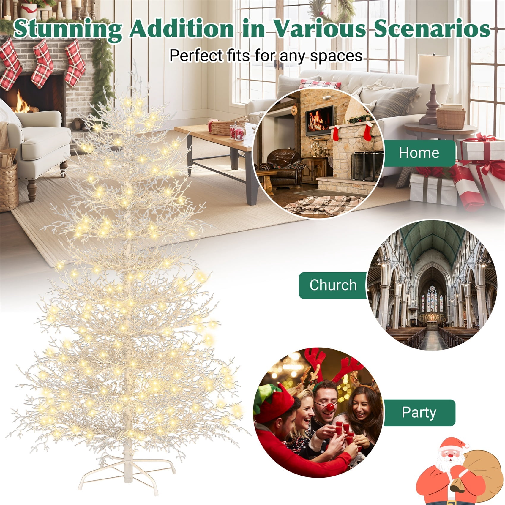 Alvantor 6Ft Pre-Lit Artificial Christmas Tree Aspen Fir Tree with Snow Flocked Branch Tips & 420 LED Lights for Holiday Decoration White