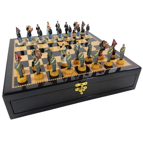 US American Civil War Queens Chess Set with 17" Dark Walnut Color Storage Board