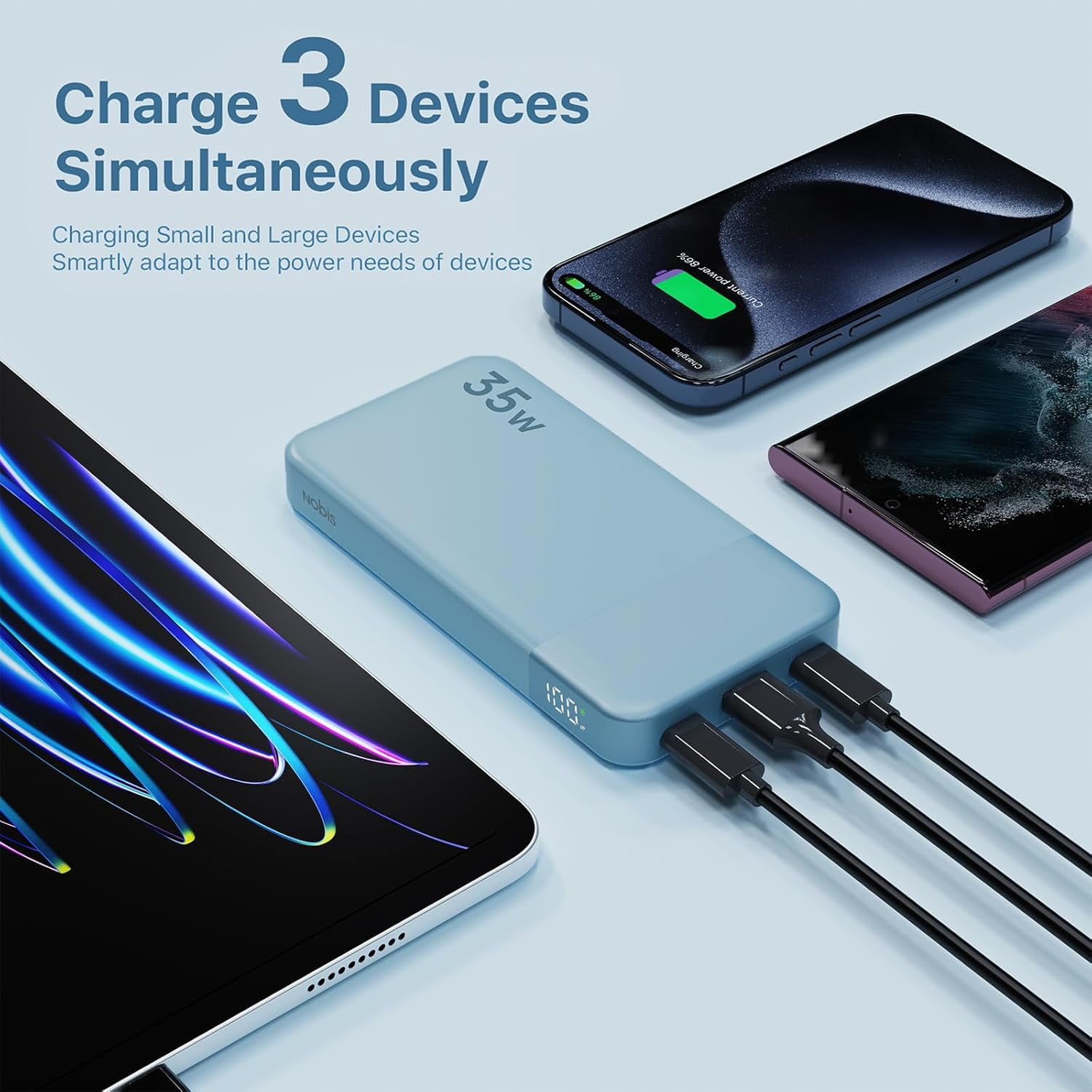 Portable Charger, 10000mAh Power Bank Fast Charging, Battery Pack with C to C Cable, Battery Bank with Digital Display for iPhone iPad Android etc (Blue, 35W)