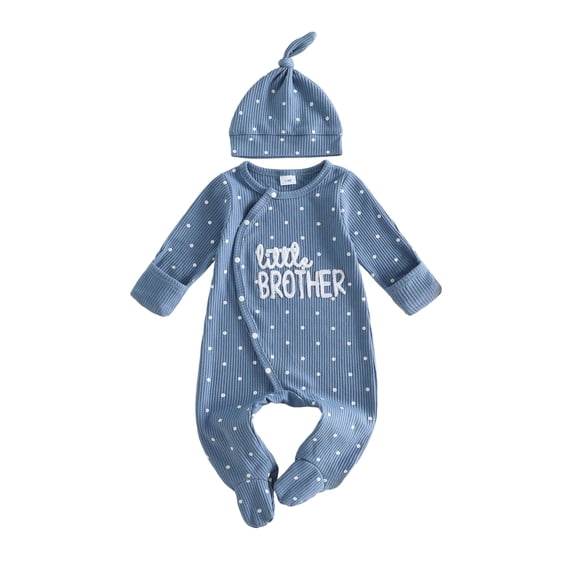 RUINIXCW Newborn Baby Boy Little Brother Outfit Waffled Knit Romper Letter Embroidered Dot Long Sleeve Infant Spring Fall Winter Clothes Bodysuit Jumpsuit Hat
