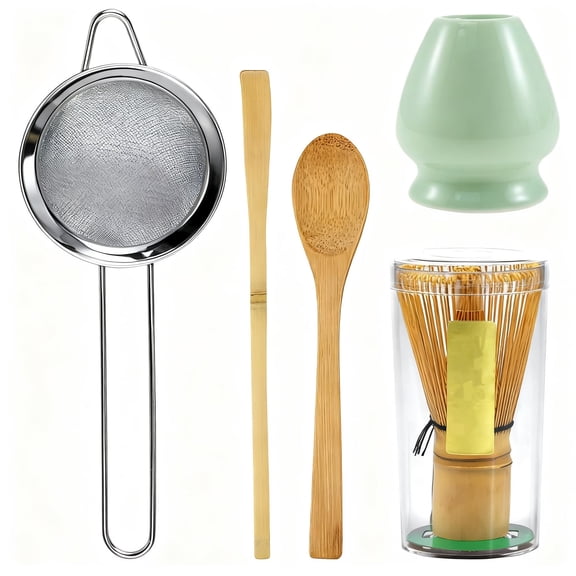5Pcs Matcha Whisk Set Reusable Matcha Tea Set Japanese Whisk Set Handmade Bamboo Matcha Whisk Traditional Tea Scoop Deep Scoop Stainless Steel Tea Strainer Whisk Storage Holder for Tea