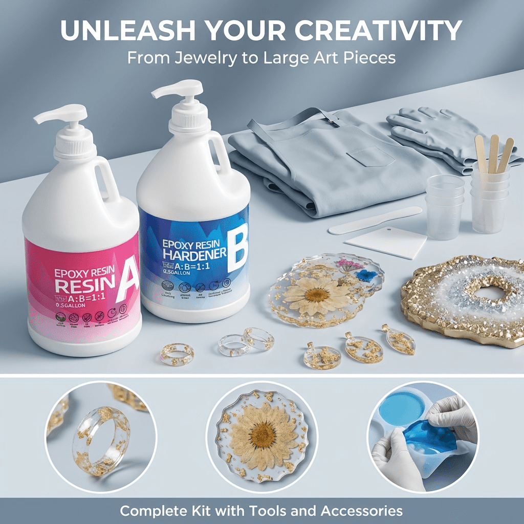 Fast-Curing Epoxy Resin Kit - 0.5 Gal Resin & 0.5 Gal Hardener With Tools, No Bubbles, Non-Yellowing, Self-Leveling, Low Odor, 2-Part Epoxy For Coating, Casting, DIY Resin Crafts, Table Tops & Art Pr