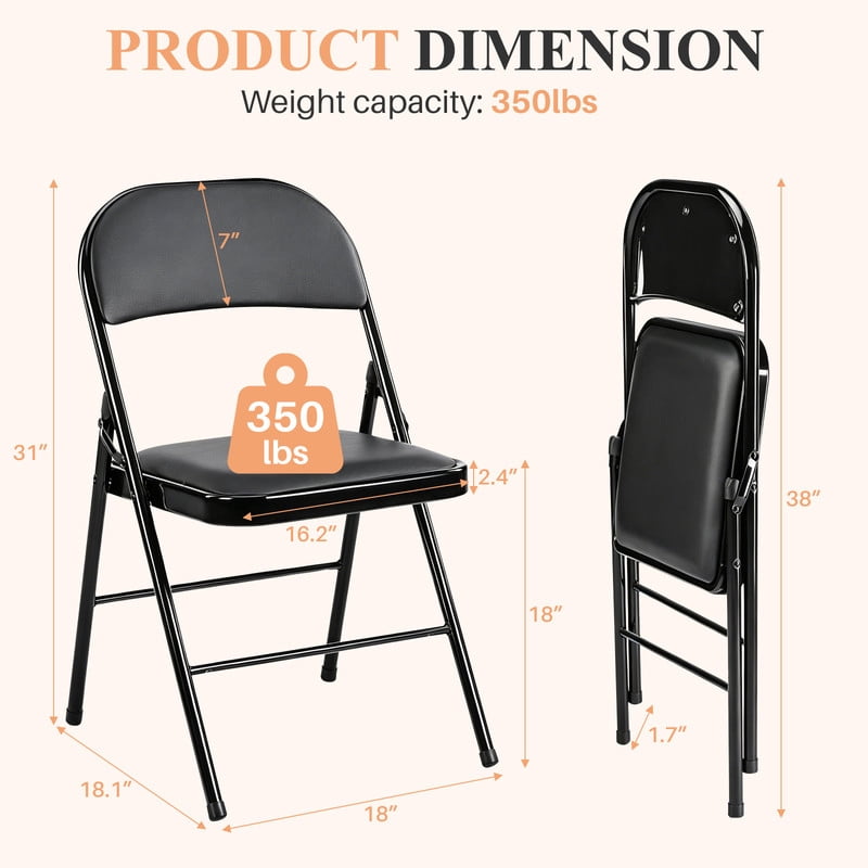 Simenmax 4PCS Folding Chair Padded, Leather Portable Stackable Chair with Steel Frame - Indoor Outdoor Use for Home, Office, Party, Wedding, Church, Black