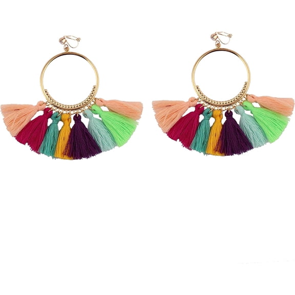 Large Cotton Fiber Tassel Bohemain Clip on Earrings No Pierced for Women Ear Clip