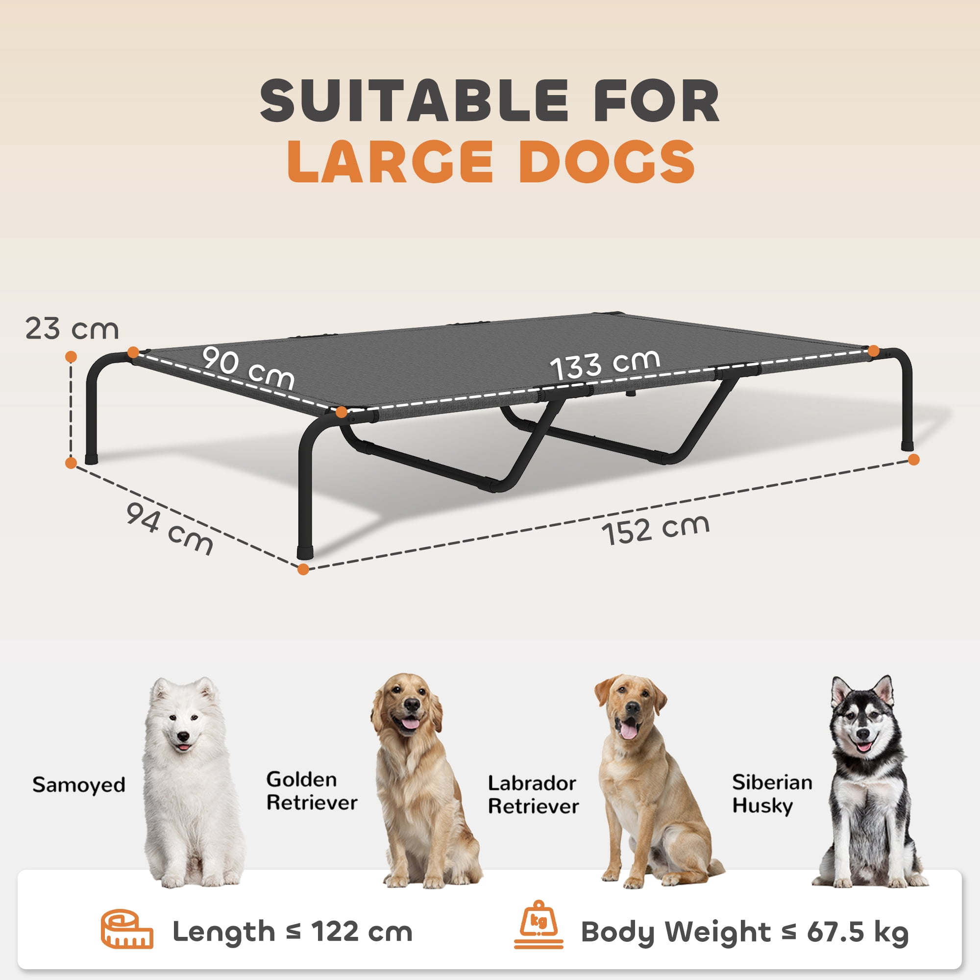 Elevated Dog Bed Large Breeds Outdoor Dog Bed Breathable Mesh Steel Frame Gray, 60"L