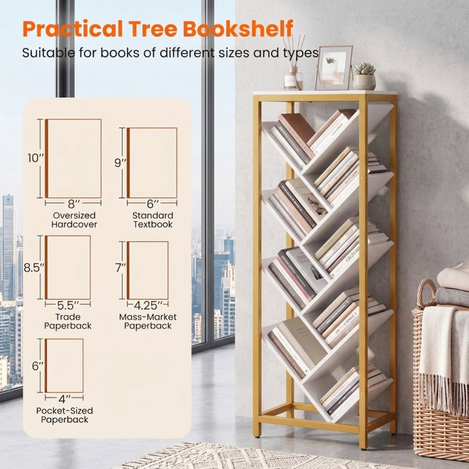 Furnibear 9-Tier Freestanding Tree Bookcase Tall Wood Bookshelf with Staggered Open Shelves and Sturdy Metal Frame for Books, White